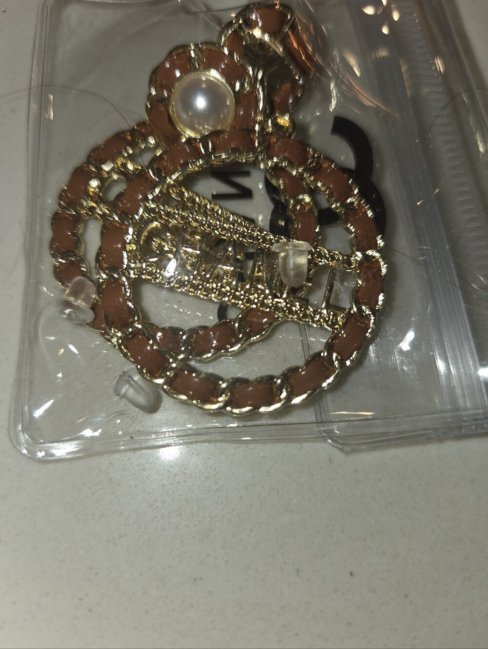 Gold-Tone Brown Chain Hoop Earrings with Pearl Accent NWT